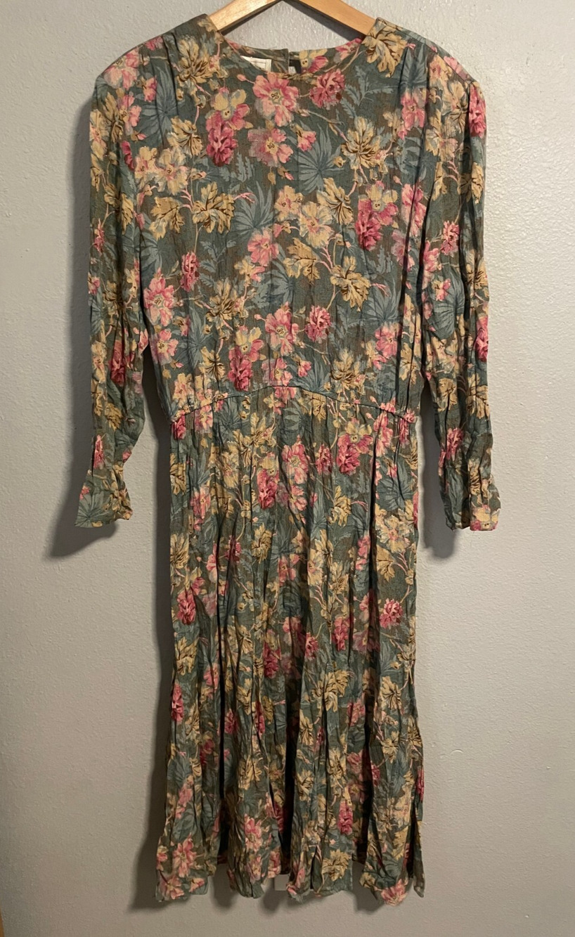 Vintage Womens Dress Large Floral Pleated Cottagecore Romantic Prairie 80s